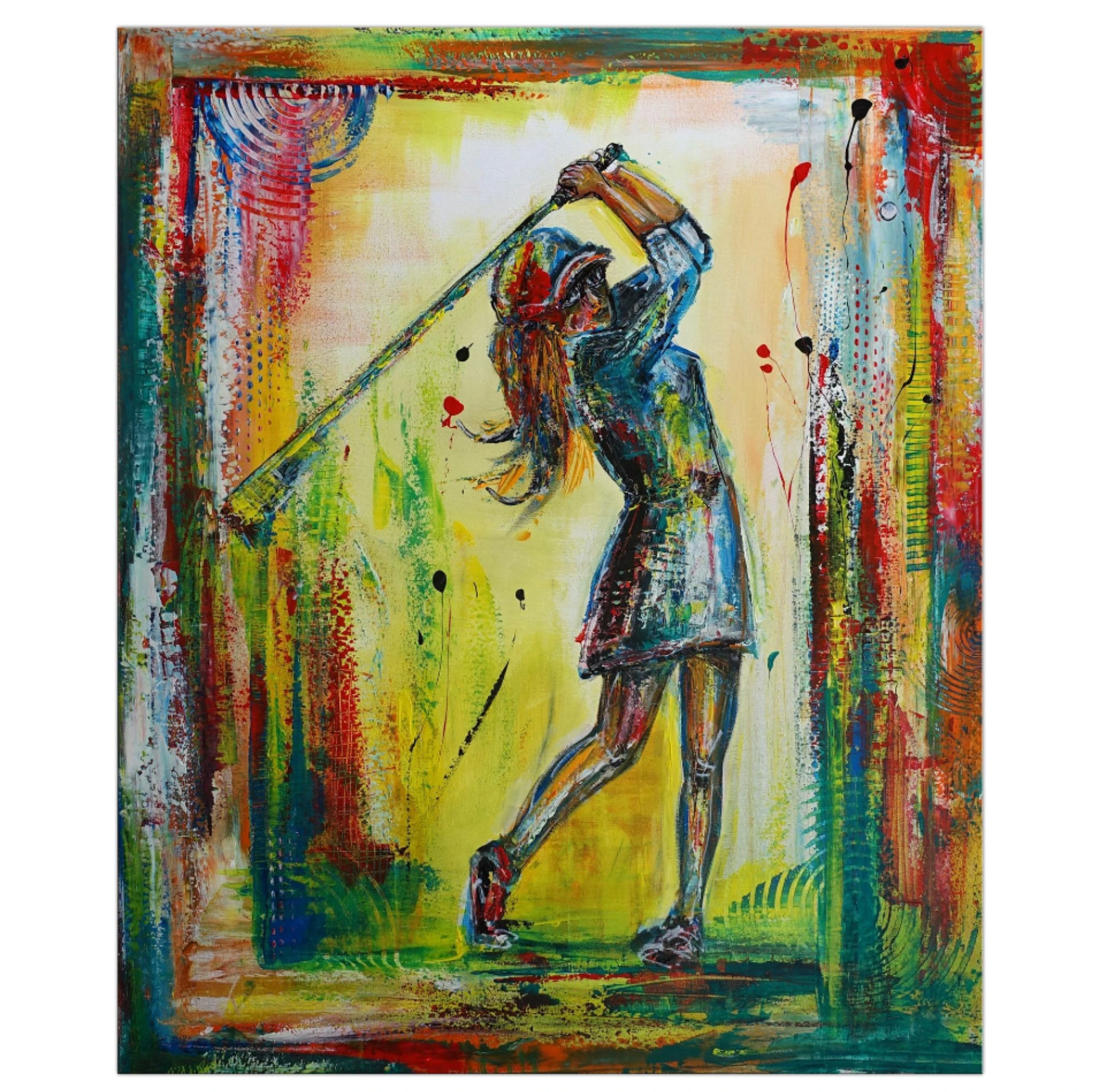 Golferin Golfspielerin Abschlag handgemalte Golfbilder Malerei Wandbilder Acrylgemälde Unikate