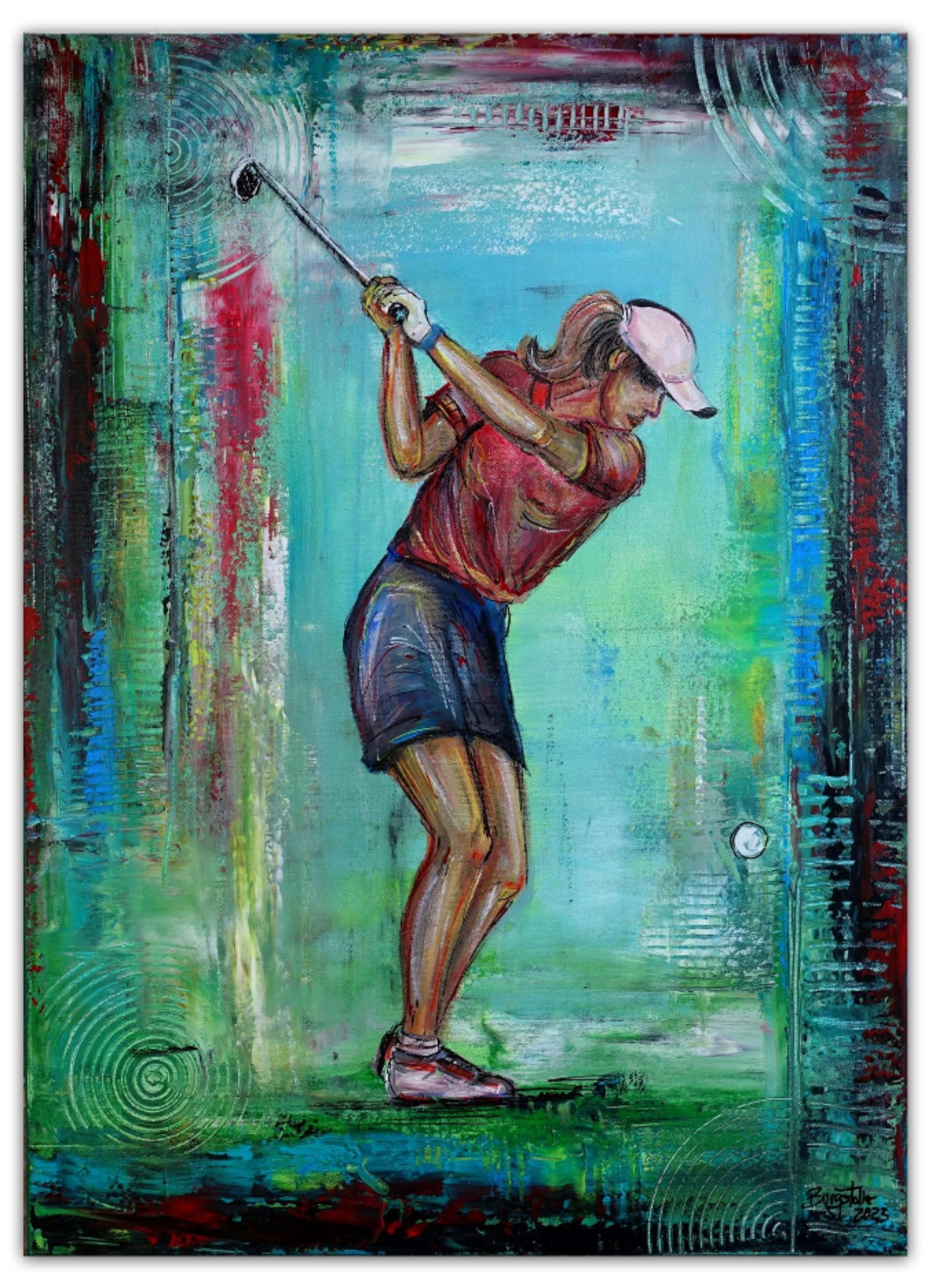 Golferin Golfspielerin Bild gemalt abstrakt Kunstbild Acrylbild 