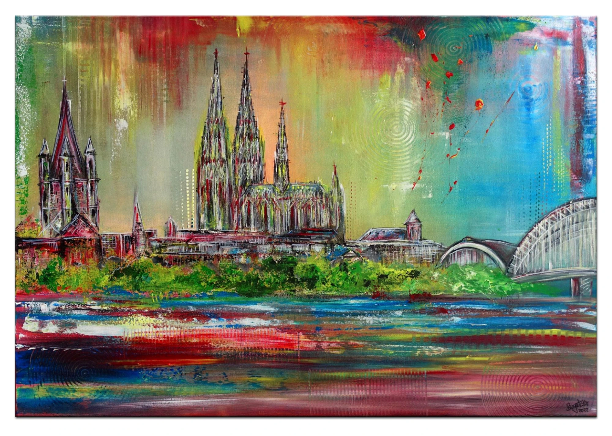 Kölner Dom Skyline Brücke Stadtbild Stadtmalerei Acrylgemälde 