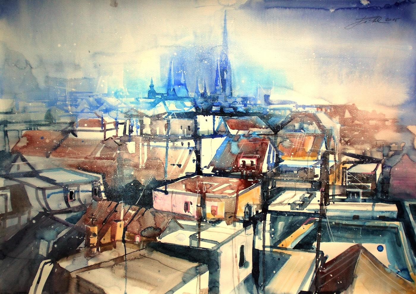 Oldenburg – Dachlandschaft mit Lambertikirche  Aquarell 50x70cm 